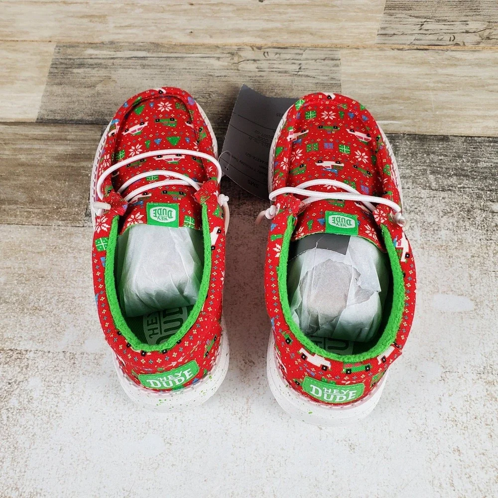 Hey Dude Lildude Holiday Sweater Kids Loafers Shoes C13 Red Green White Slip-On